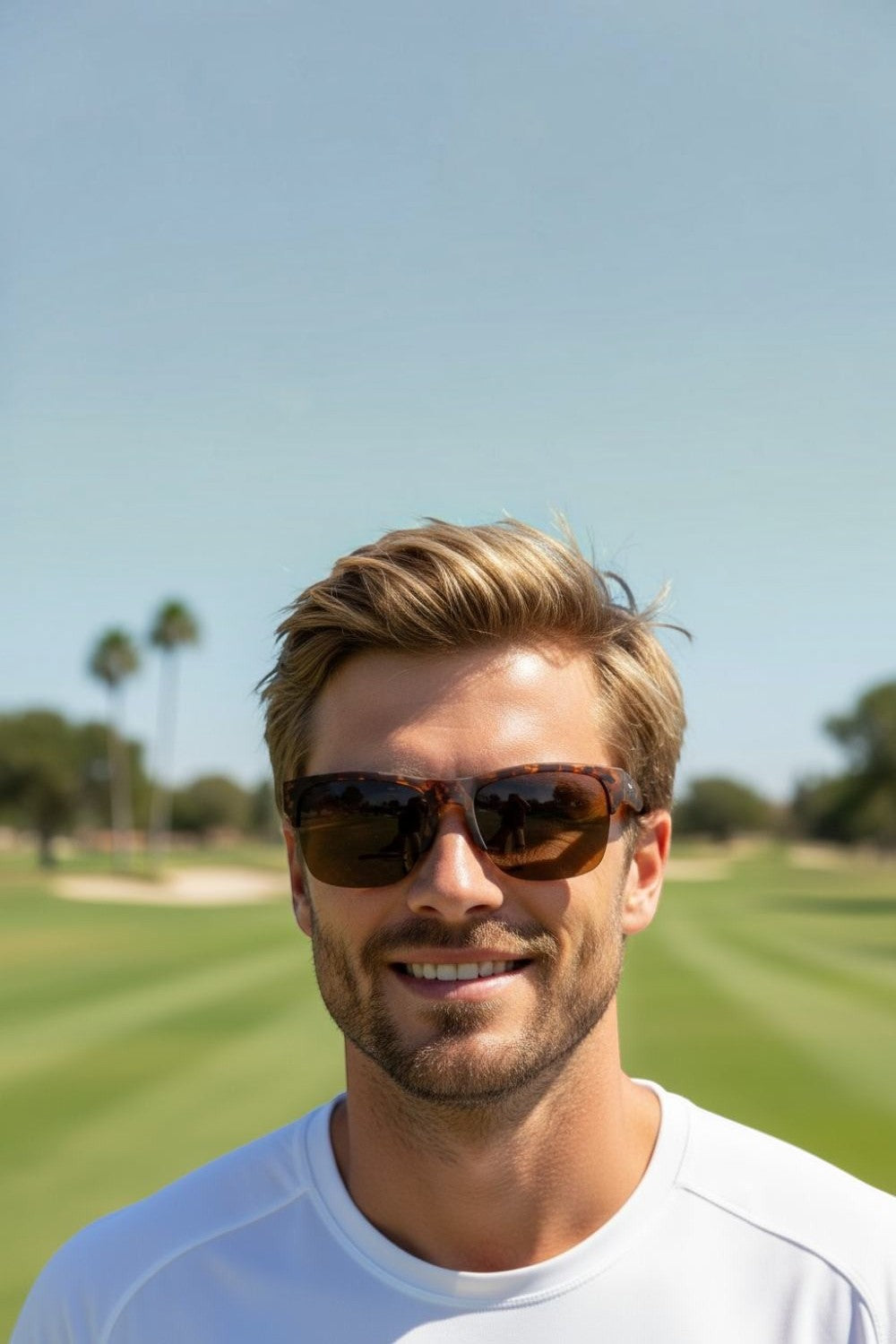 Homem usando óculos de sol SPORTBR Goodr Country Club Crasher com armação e lentes marrons em campo de golfe