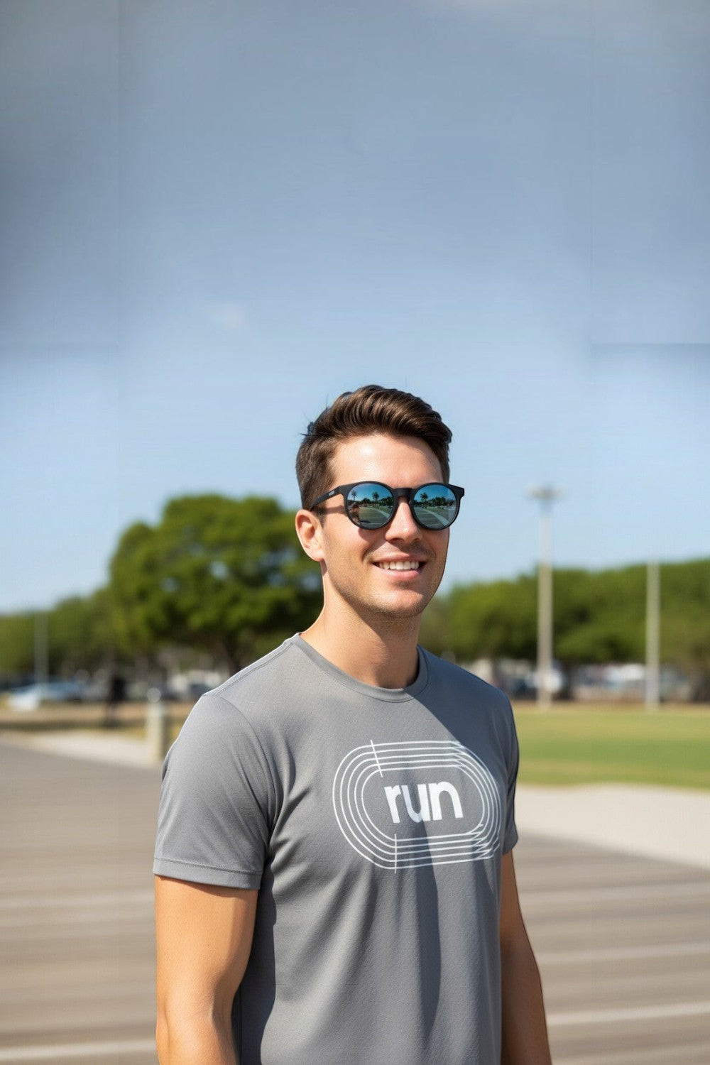Homem sorridente usando óculos de sol esportivos Goodr pretos com lentes azuis espelhadas em um parque