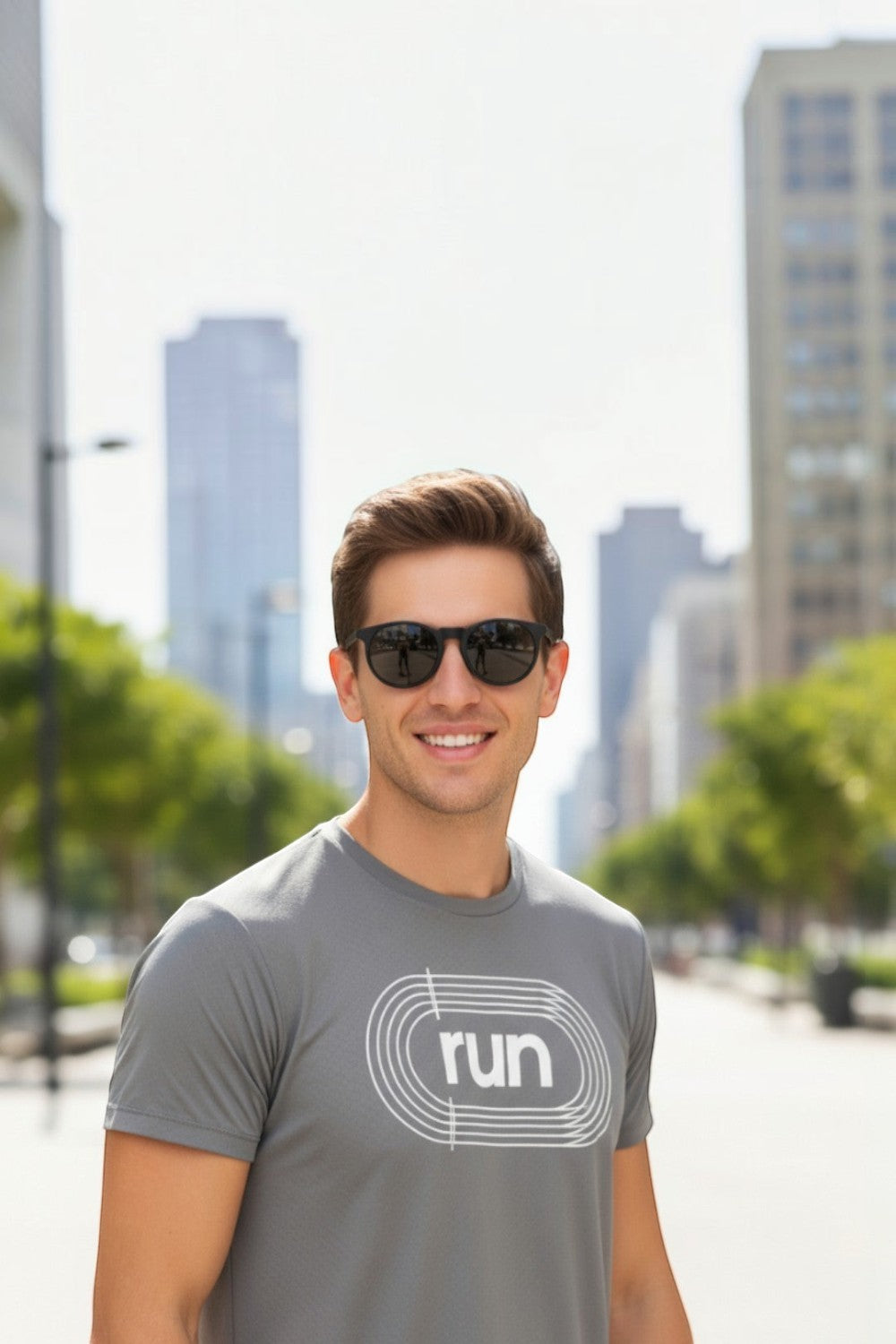 Homem sorridente usando óculos de sol SPORTBR Goodr Circle G pretos polarizados em ambiente urbano de corrida.