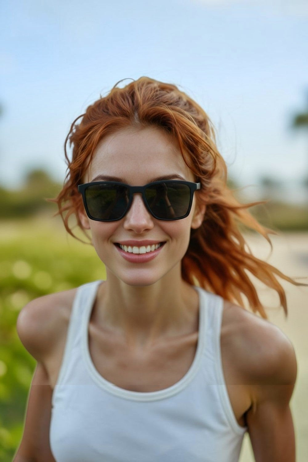 Mulher ruiva sorrindo usando óculos de sol pretos polarizados SPORTBR Goodr Get On My Level durante corrida ao ar livre