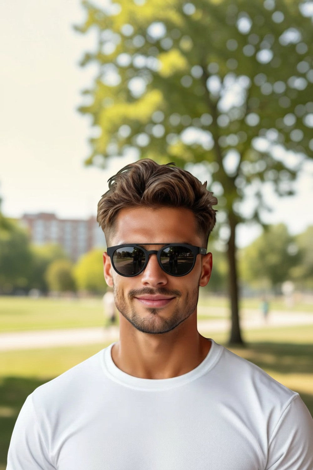 Homem usando óculos de sol esportivos pretos SPORTBR Goodr Professor 00G com lentes polarizadas em um parque.