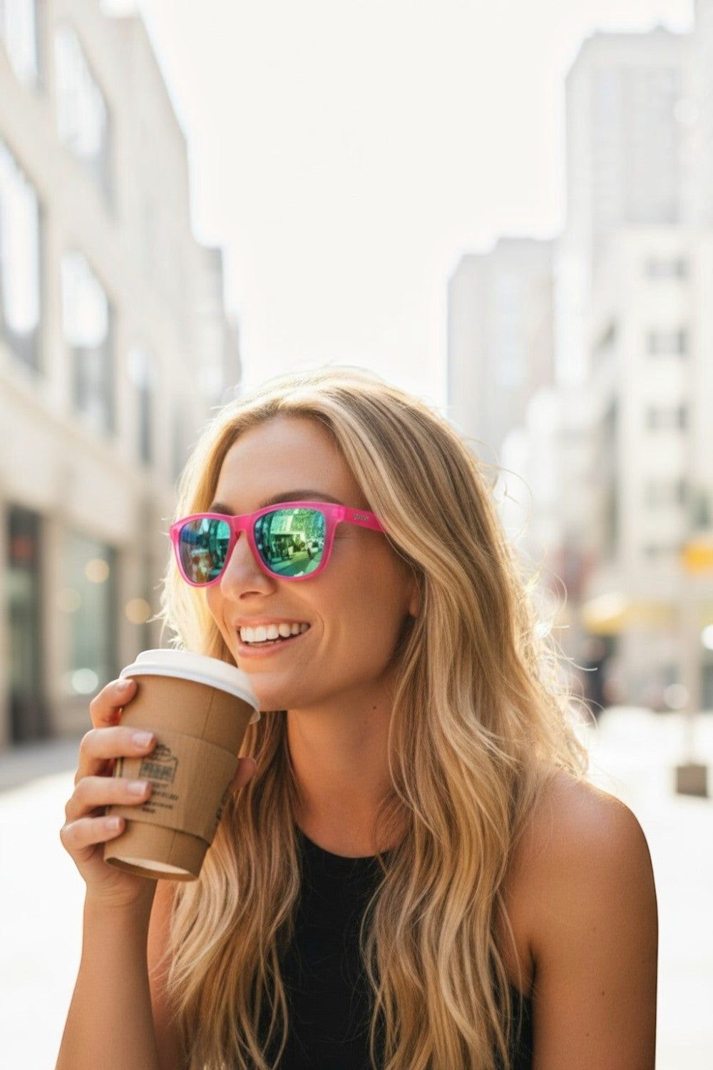 Mulher loira usando óculos de sol SPORTBR Goodr rosa com lentes espelhadas azuis em ambiente urbano