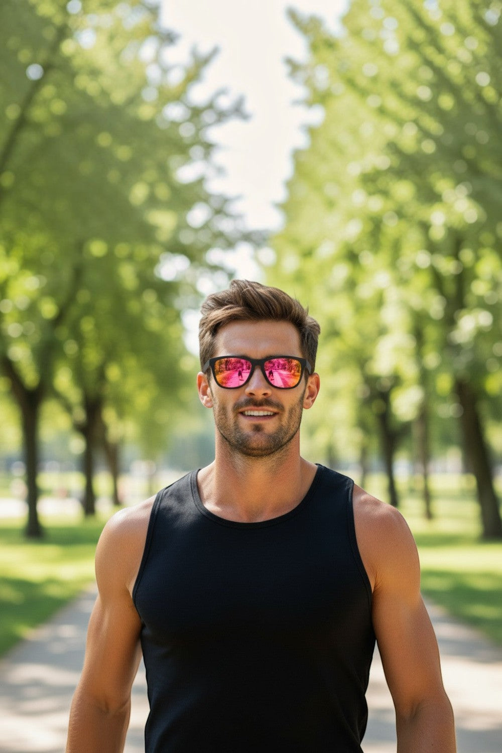 Homem usando óculos de sol SPORTBR Goodr Professional Respawner com armação preta e lentes espelhadas rosa em parque.