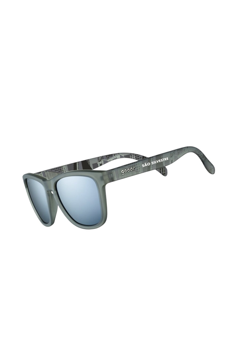 Óculos de sol esportivos SPORTBR Goodr Festa 100 Fim São Silvestre cinza com lentes espelhadas e detalhes na haste.