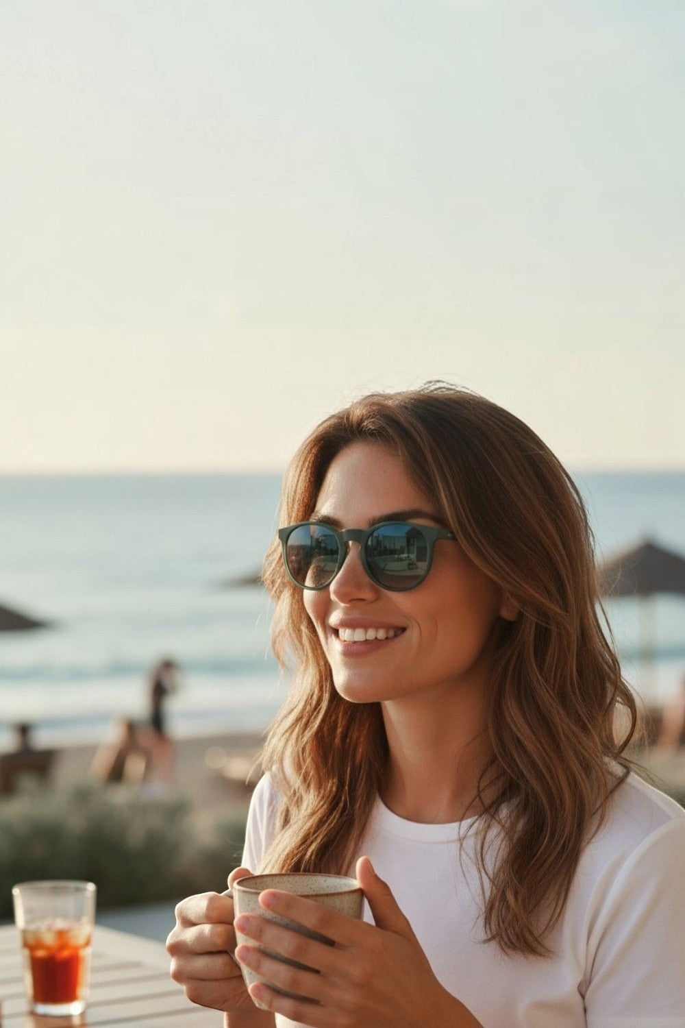 Mulher sorridente usando óculos de sol verdes Goodr Circle G com lentes polarizadas espelhadas na praia, SPORTBR.