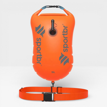 SPORTBR orange 15L open water swimming safety buoy with adjustable belt and whistle. Waterproof storage compartment.