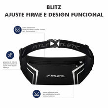Pochete preta Fitletic Blitz com bolso expansível, grip de silicone e faixas refletivas para corrida e uso diário.