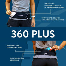 Pochete preta Fitletic 360 Plus para corrida, com bolso expansível para celular e compartimento para garrafa.