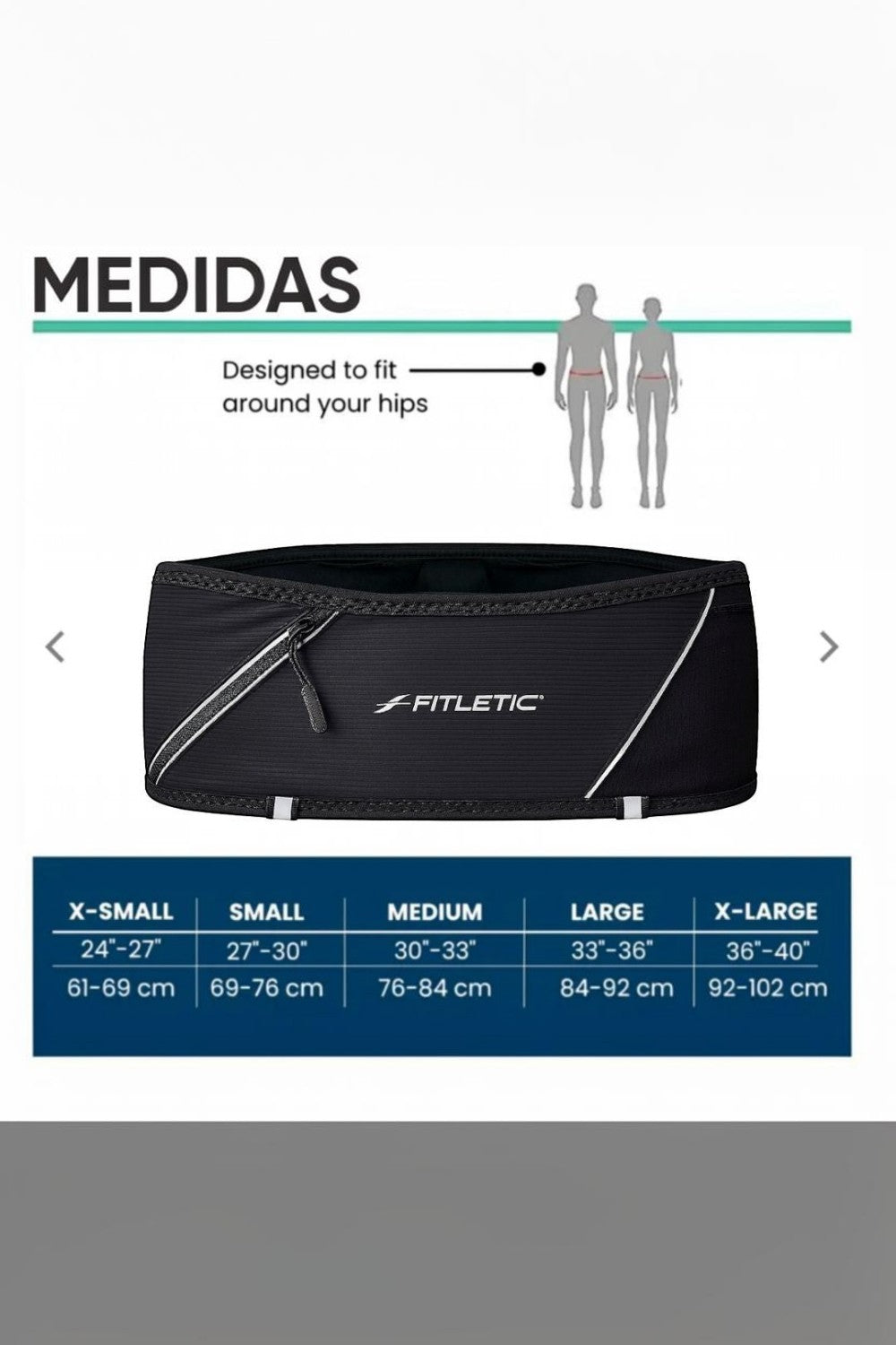 Pochete de corrida preta SPORTBR Fitletic 360 Plus com detalhes refletivos e tabela de medidas de tamanho