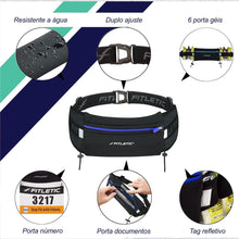 Pochete preta Fitletic Ultimate II com 5 porta géis, bolso para celular e documentos, e porta número.