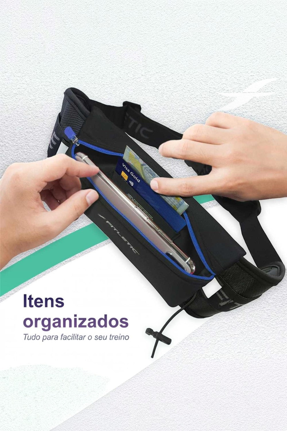 Pochete de corrida SPORTBR Fitletic Ultimate II preta com zíper azul, organizando celular e cartões com segurança.
