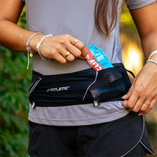 Pochete preta Fitletic 360 Plus para corrida, com bolso expansível e detalhes refletivos.