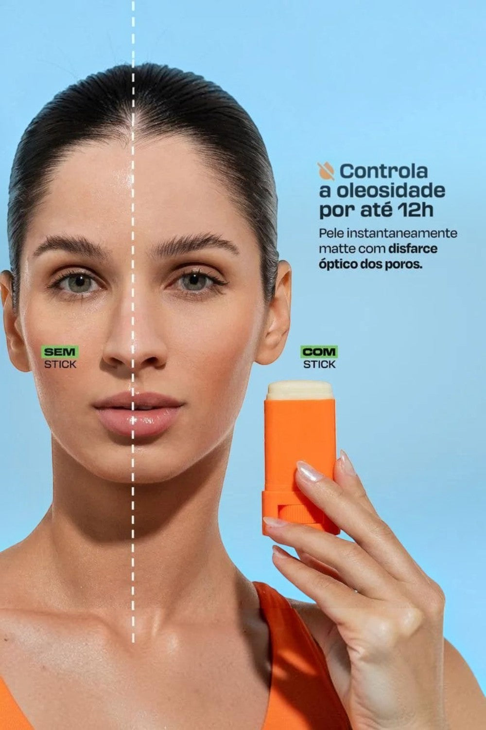Modelo comparando pele sem e com protetor solar em bastão SPORTBR Pink Cheeks, com acabamento matte e efeito antioleosidade.