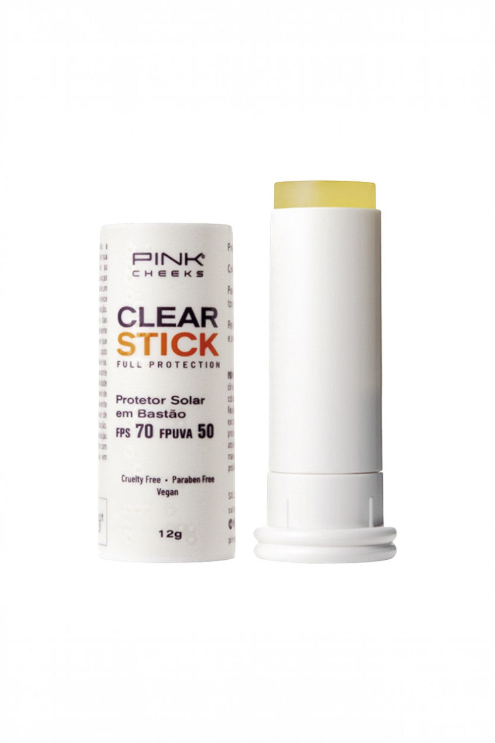 Protetor solar em bastão SPORTBR Pink Cheeks Clear Stick FPS 70 transparente, vegano e resistente ao suor.