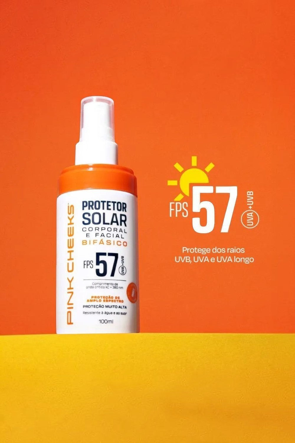Protetor solar bifásico SPORTBR Pink Cheeks FPS 57 em embalagem spray, ideal para rosto e corpo com toque seco.
