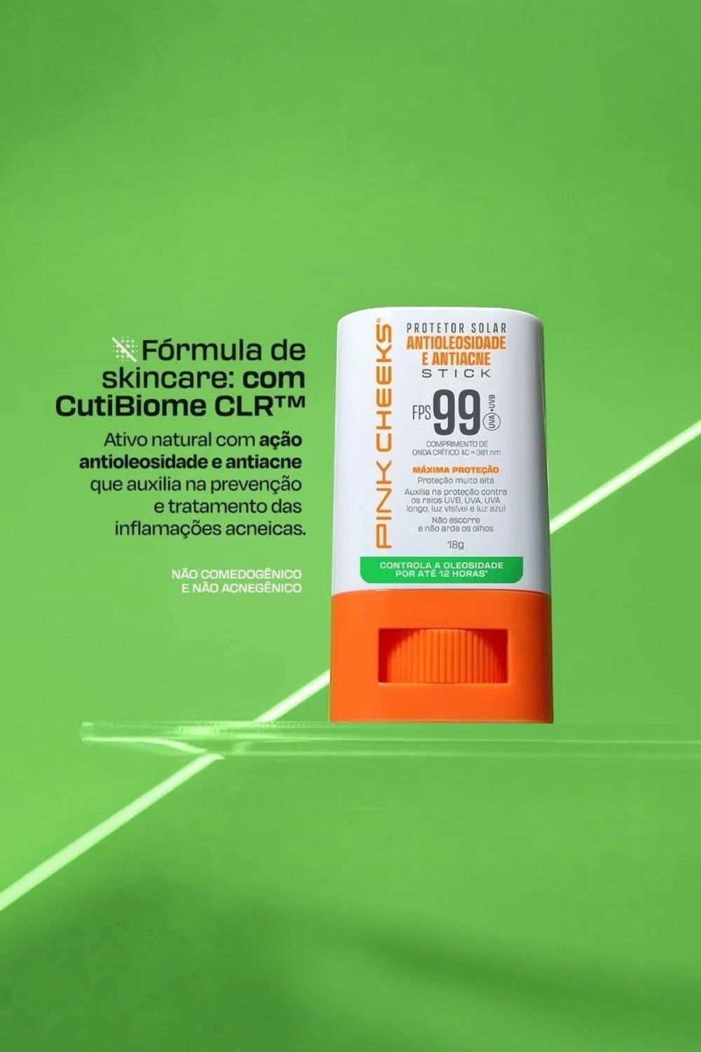 Protetor solar facial em bastão Pink Cheeks FPS 99 da SPORTBR, com fórmula antioleosidade e antiacne em fundo verde.
