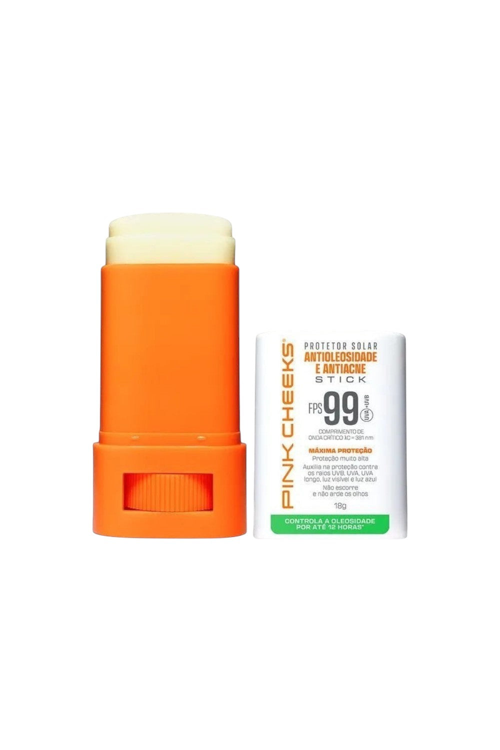 Protetor solar facial em bastão SPORTBR Pink Cheeks FPS 99 com embalagem laranja e tampa branca, efeito matte.