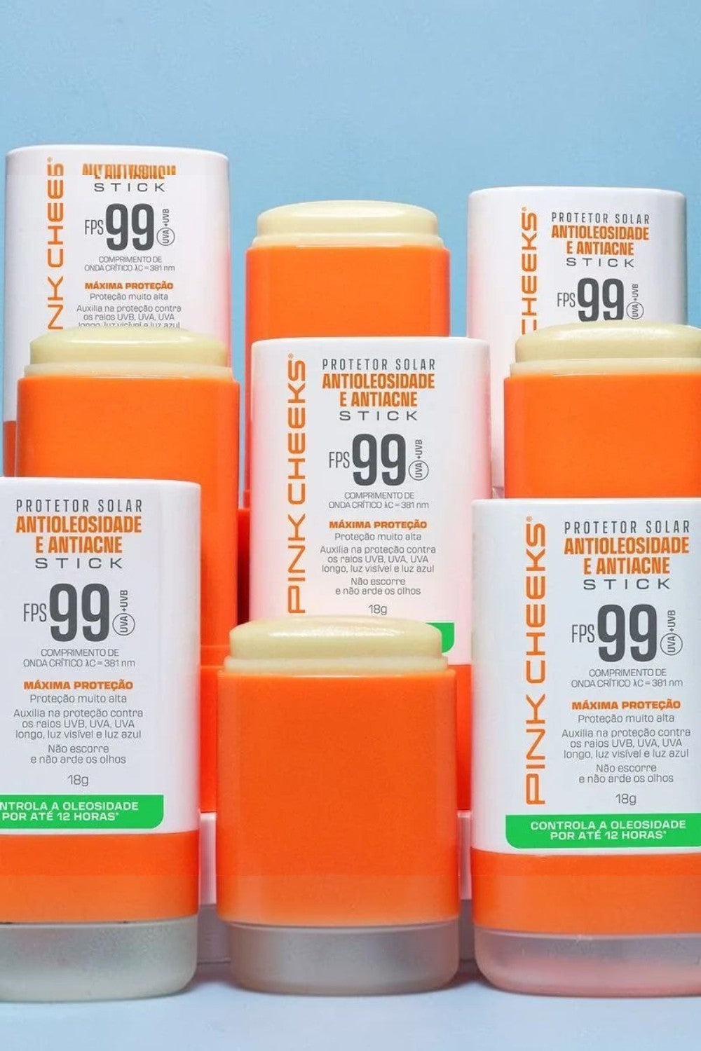 Protetor solar facial em bastão SPORTBR Pink Cheeks FPS 99 com embalagem laranja, ideal para controle de oleosidade.