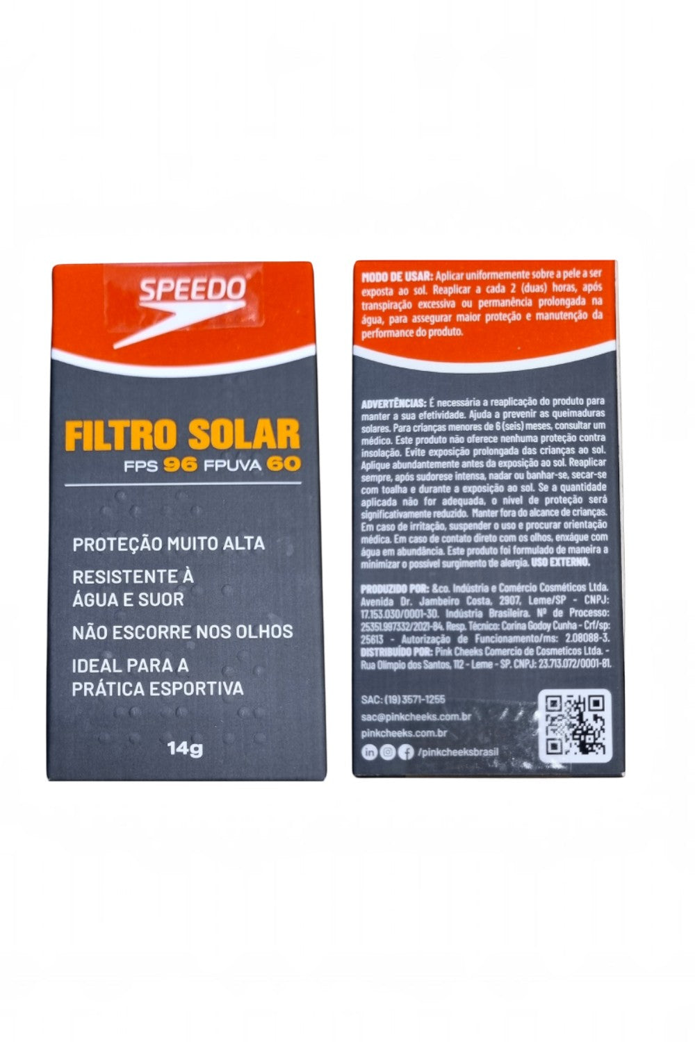Embalagem do protetor solar facial SPORTBR Speedo Pink Cheeks FPS 96 com informações de uso e proteção esportiva.