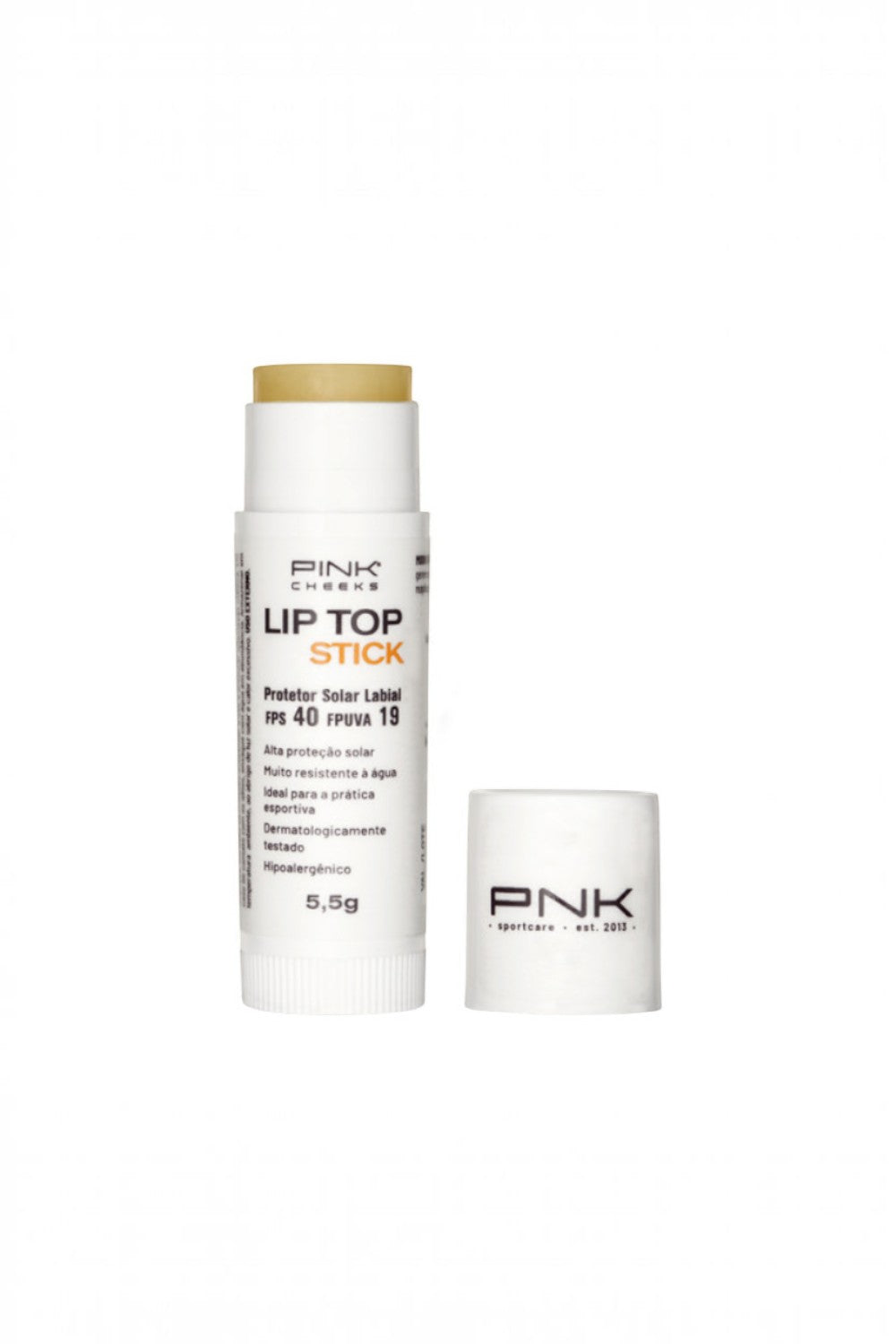 Protetor solar labial SPORTBR Pink Cheeks Lip Top Stick FPS 40 em bastão, incolor e resistente à água.