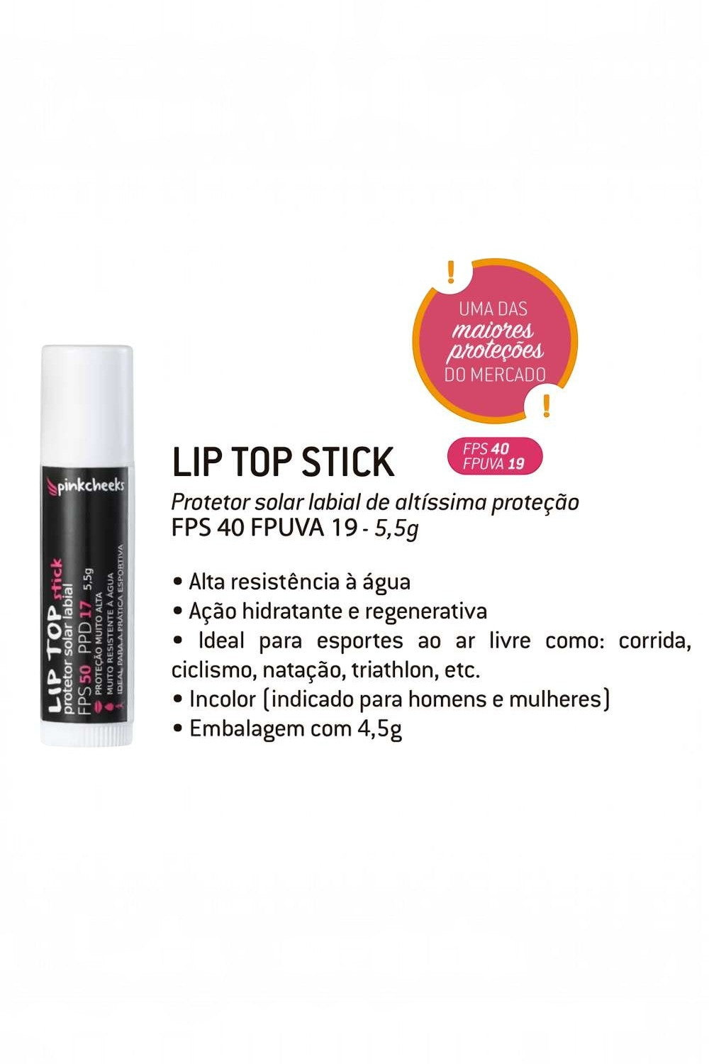 Protetor solar labial SPORTBR Lip Top Stick incolor com FPS 40 e alta resistência à água para esportes ao ar livre