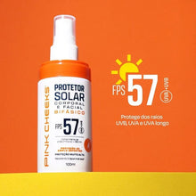 Protetor solar bifásico Pink Cheeks FPS 57 UVA+UVB em spray para corpo e rosto, toque seco e alta proteção.