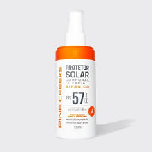Protetor solar bifásico corporal e facial Pink Cheeks FPS 57, toque seco, spray 100ml, proteção UVA/UVB.