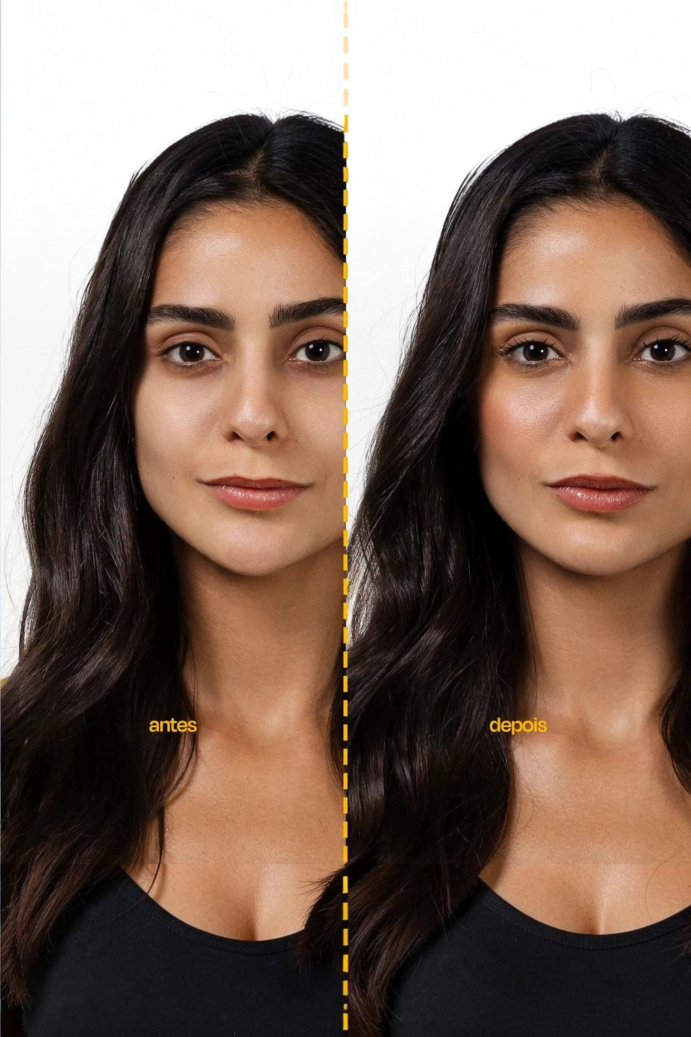 Comparação antes e depois do uso do protetor solar SPORTBR Pro Stick PRO30 em modelo com pele uniforme e radiante.