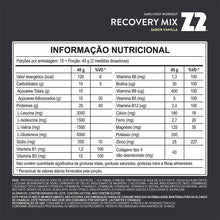 SPORTBR Recovery Mix em pó sabor Vanilla, com informações nutricionais detalhadas, incluindo proteínas, carboidratos e vitaminas.
