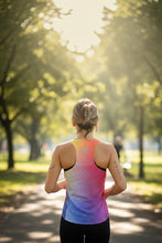 Mulher de costas usando regata de corrida SPORTBR AirMesh colorida com gradiente, tecido respirável em parque ensolarado.
