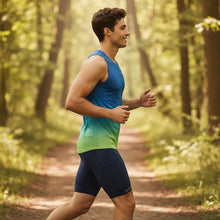 Homem correndo em trilha usando regata SPORTBR AirMesh azul degradê com shorts esportivos escuros