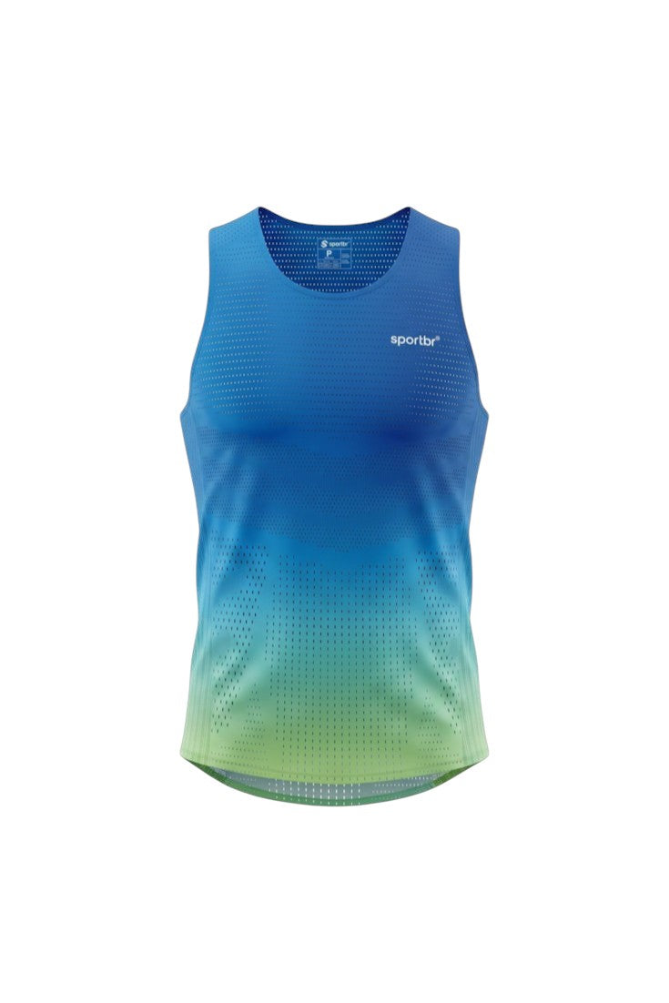 Regata esportiva masculina SPORTBR AirMesh azul com degradê verde, tecido ultraleve e respirável para corrida.