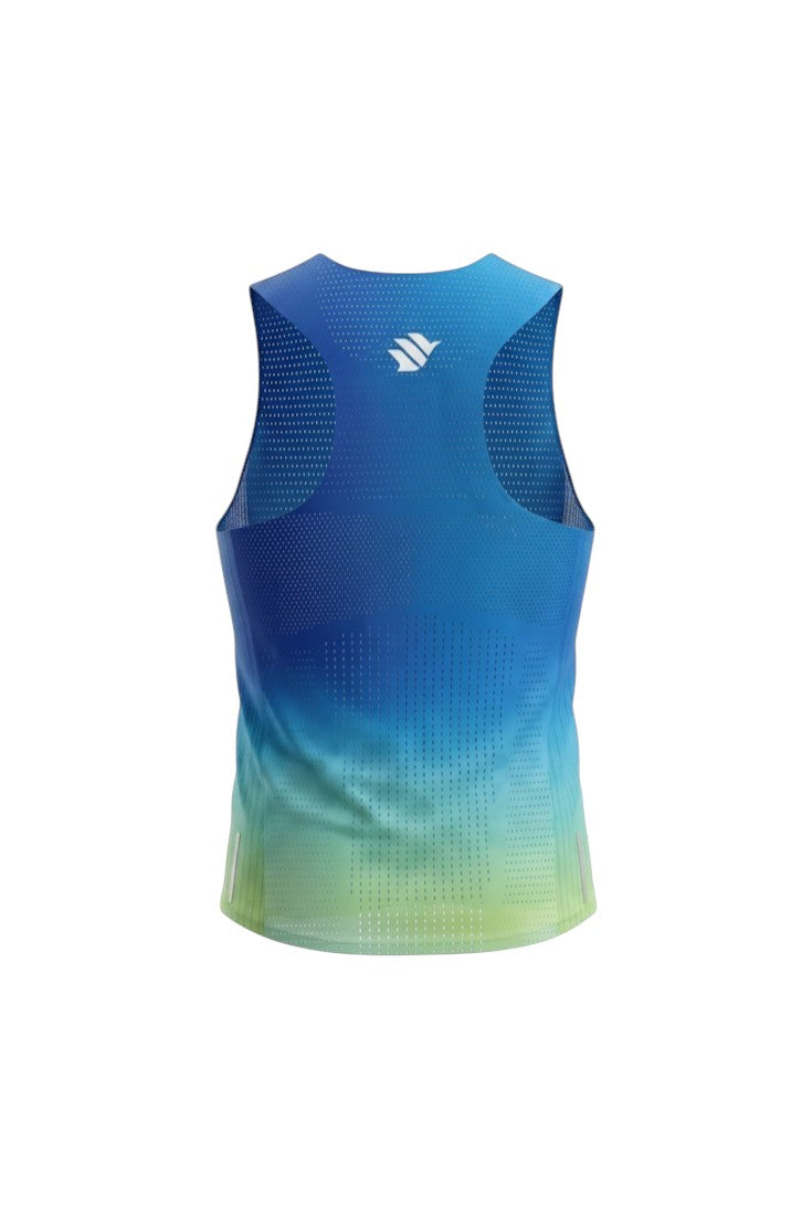 Regata esportiva masculina SPORTBR AirMesh azul com degradê verde, tecido respirável e detalhes refletivos nas costas