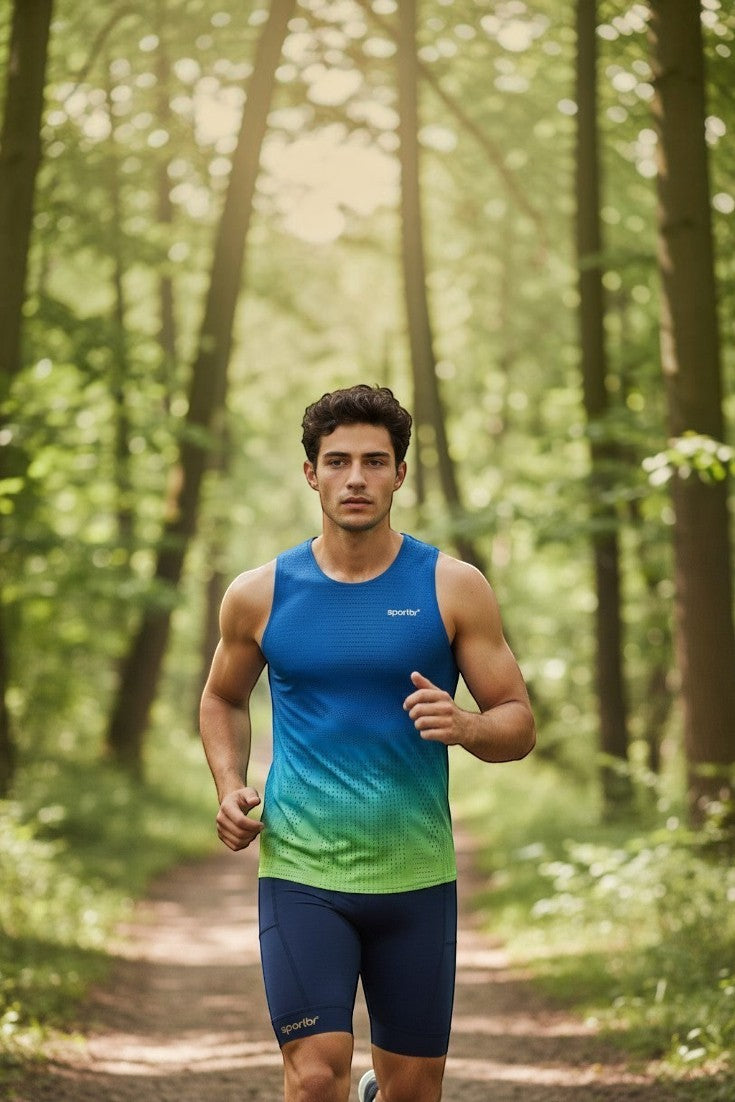 Homem correndo em trilha usando regata esportiva azul e verde SPORTBR AirMesh ultraleve com tecido respirável