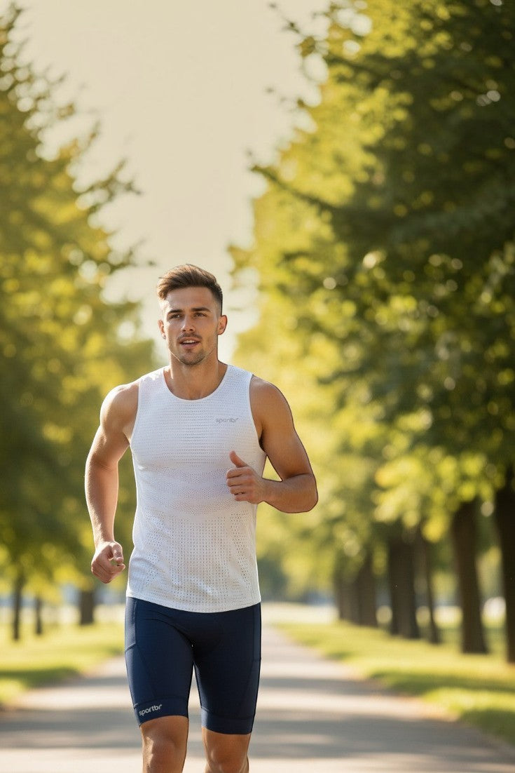Homem correndo em parque usando regata esportiva branca AirMesh da SPORTBR com tecido respirável e ultraleve