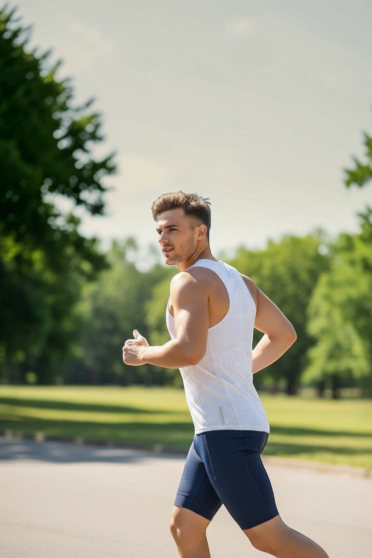 Homem correndo ao ar livre usando regata esportiva branca AirMesh da SPORTBR com tecido respirável e ultraleve