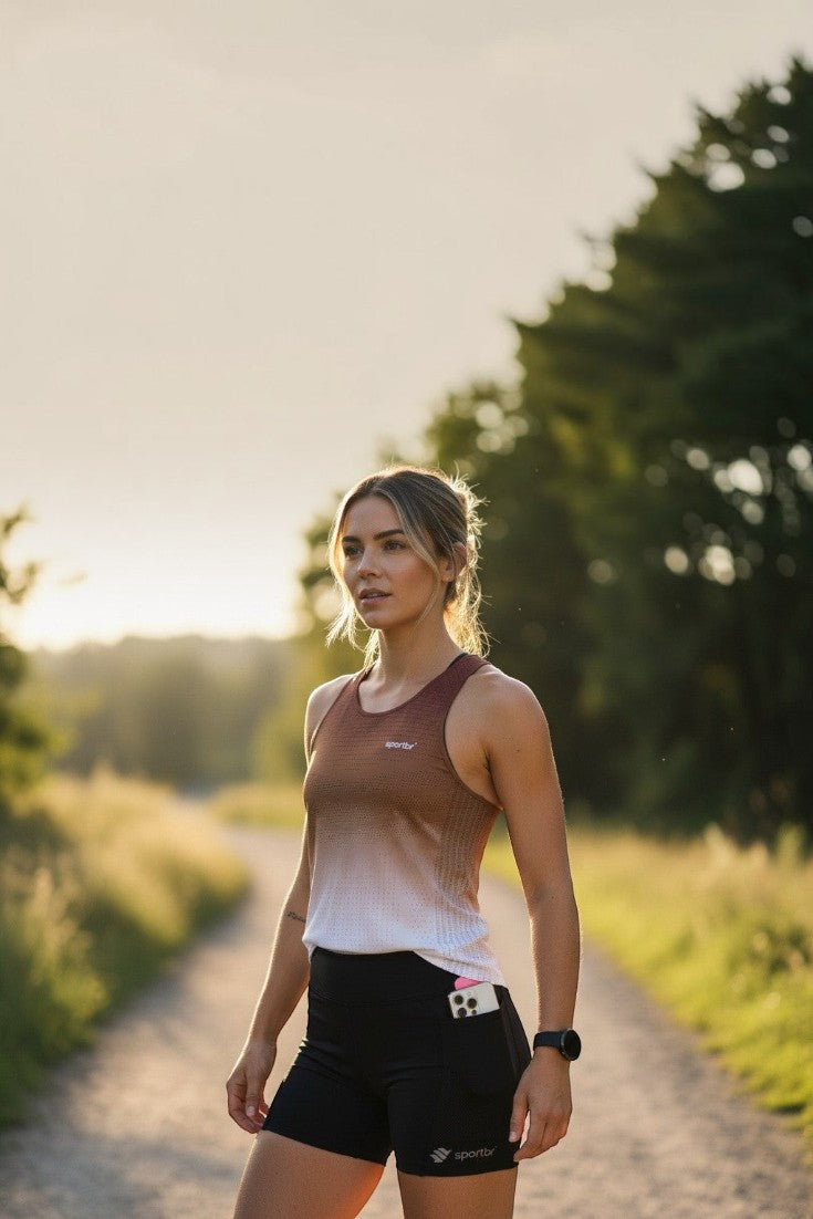 Mulher vestindo regata de corrida marrom SPORTBR AirMesh com gradiente, em um caminho ao ar livre ao pôr do sol.