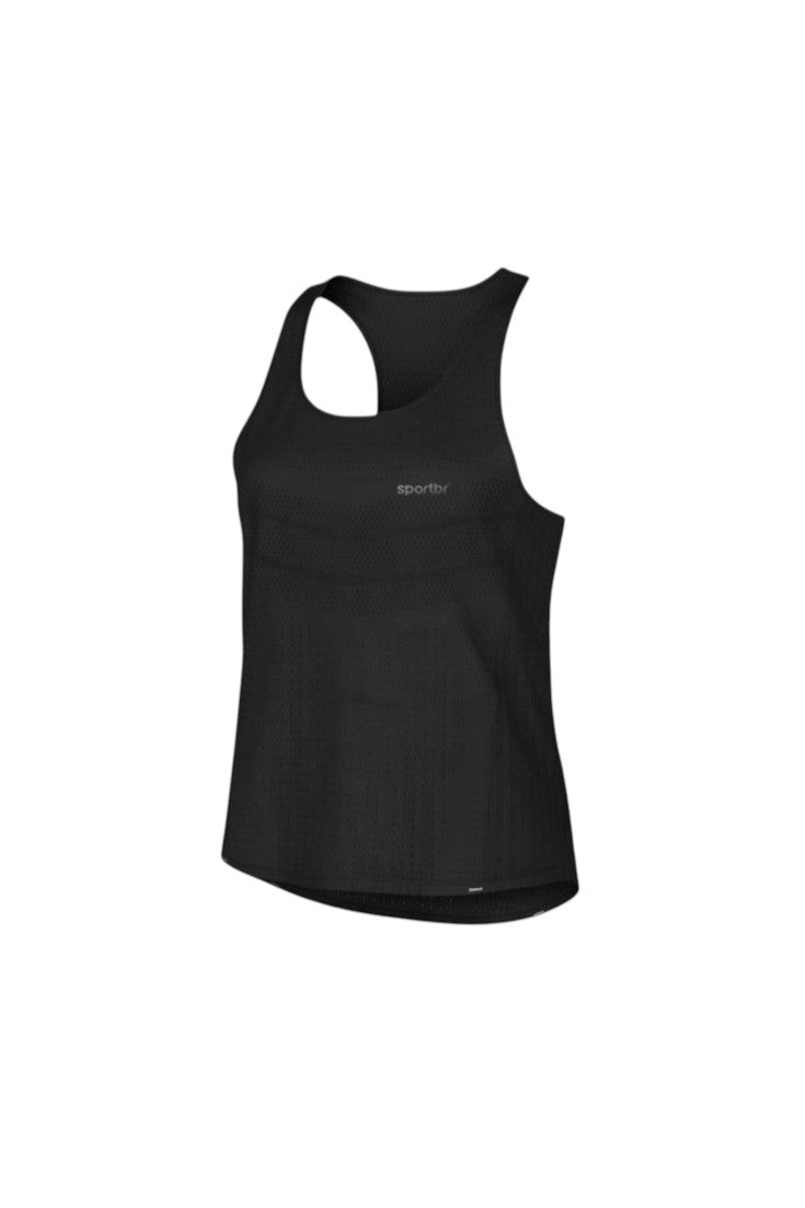 Regata de corrida feminina preta SPORTBR AirMesh com tecido respirável e design leve para alta performance.