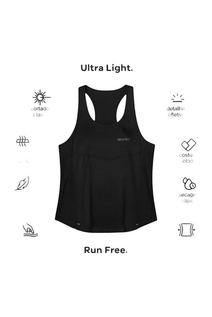 Regata de corrida feminina preta SPORTBR AirMesh com tecnologia ultraleve, corte a laser e detalhes refletivos.