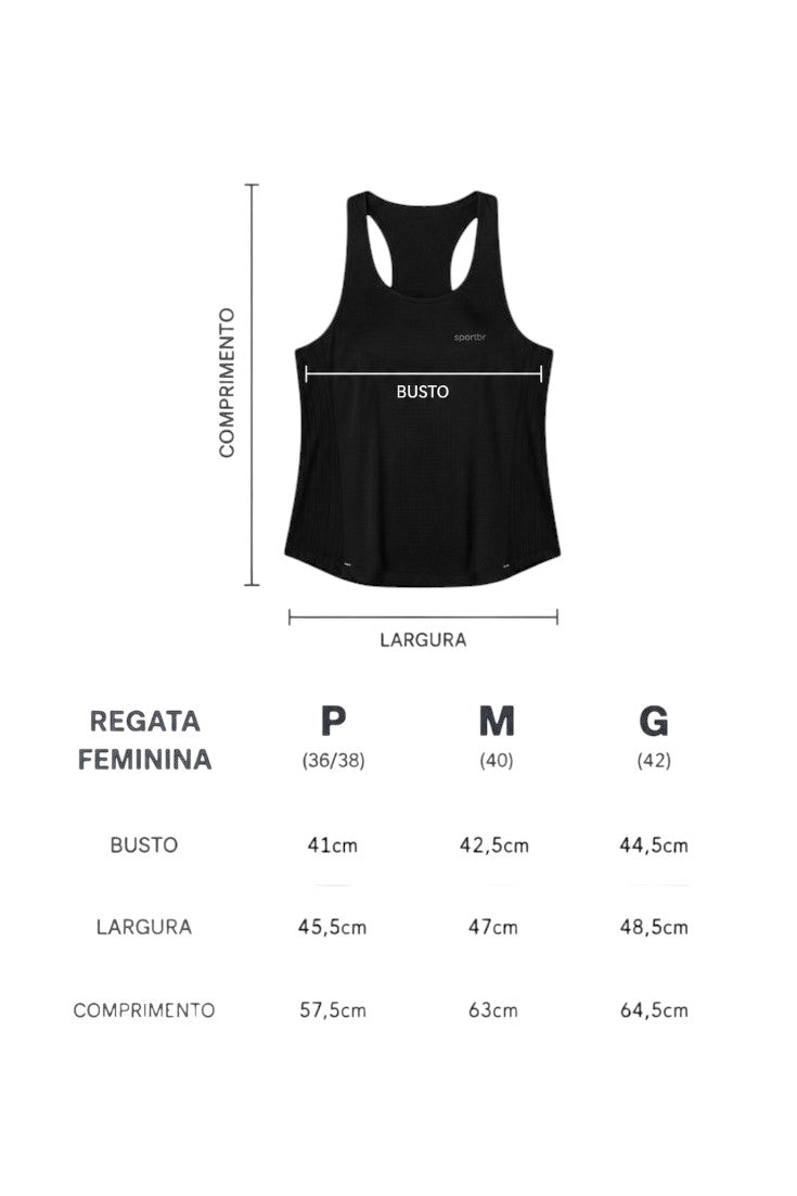 Tabela de medidas da regata de corrida feminina preta SPORTBR AirMesh com indicação de busto, largura e comprimento.