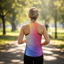 Regata feminina SPORTBR AirMesh Run Free com estampa degradê arco-íris, tecido respirável e corte a laser para corrida.
