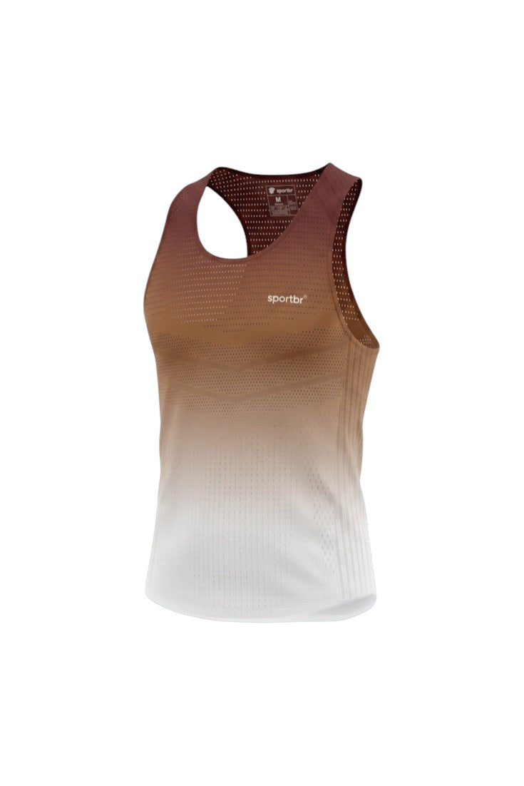 Regata feminina SPORTBR AirMesh marrom com degradê, tecido ultraleve perfurado e corte a laser para corrida.