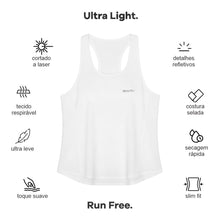 Regata feminina branca ultraleve SPORTBR AirMesh Run Free, com corte a laser, tecido respirável, costura selada e detalhes refletivos.