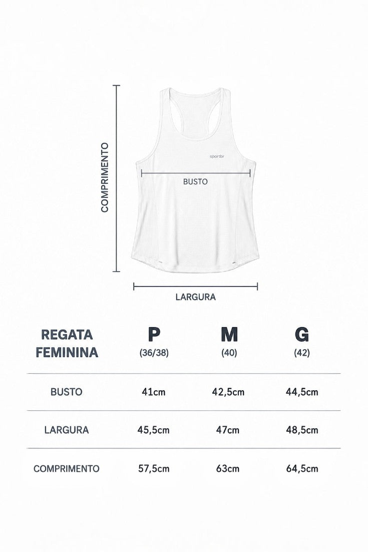 Tabela de medidas da regata feminina de corrida branca SPORTBR AirMesh, mostrando busto, largura e comprimento.
