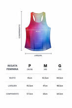 Tabela de medidas da regata feminina para corrida SPORTBR AirMesh colorida com indicação de busto, largura e comprimento