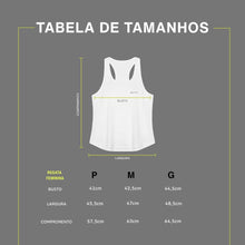 Tabela de tamanhos da Regata Feminina SPORTBR AirMesh Run Free Branca Ultraleve, com medidas de busto, largura e comprimento.