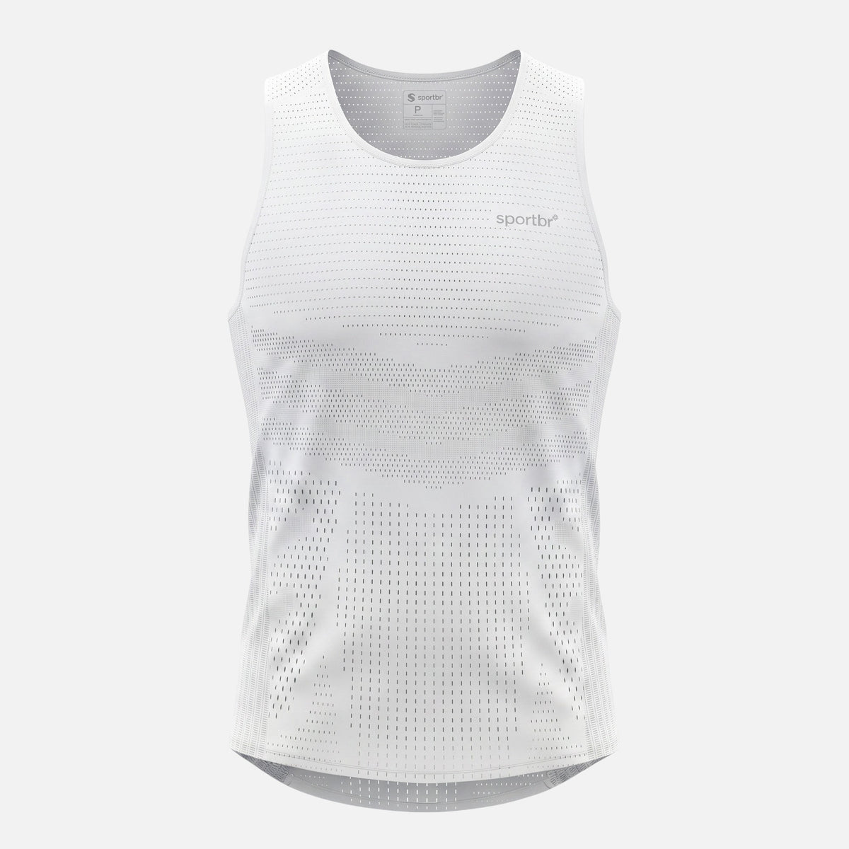 Regata masculina branca SPORTBR AirMesh para corrida com tecido respirável, corte a laser e detalhes refletivos.