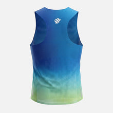 Regata masculina SPORTBR AirMesh azul degradê para corrida, com tecido respirável, corte a laser e detalhes refletivos.