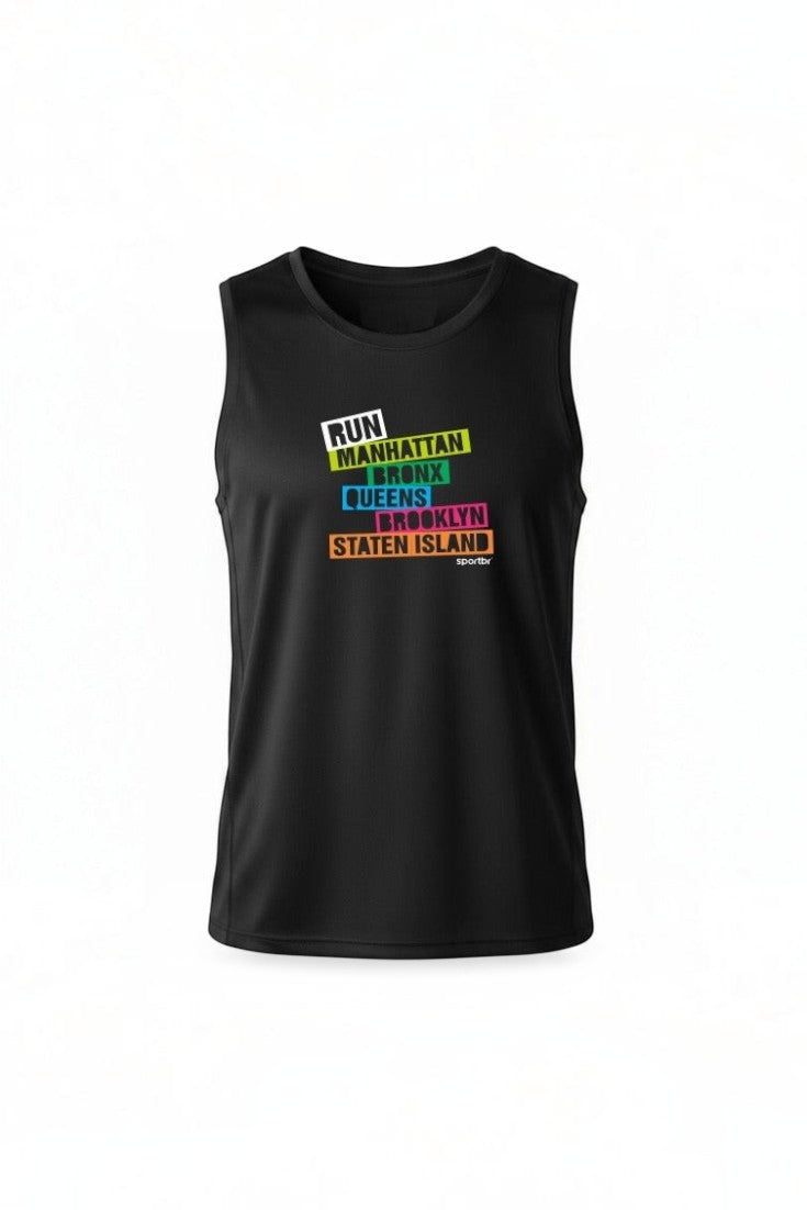 Regata masculina preta SPORTBR com estampa colorida NYC District, ideal para corrida e atividades esportivas.