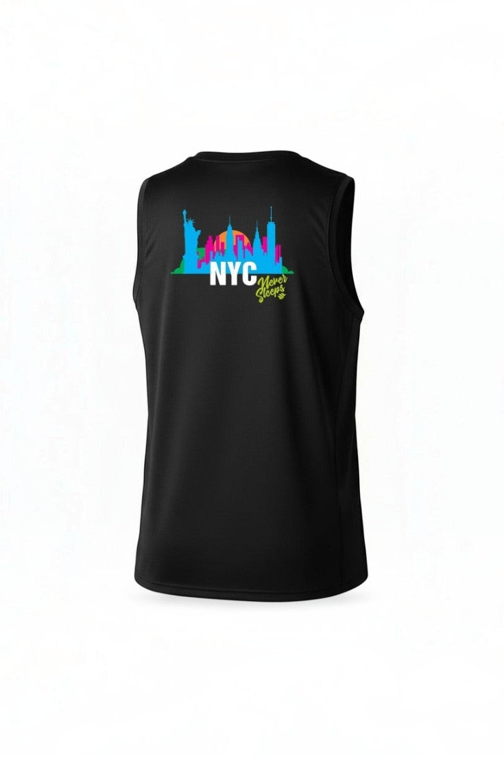 Regata masculina preta SPORTBR com estampa colorida NYC District nas costas, design moderno e esportivo.
